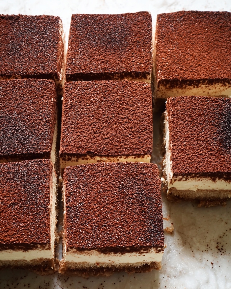The image shows six square pieces of tiramisu arranged closely together on a white marbled surface. Each piece has three visible layers: a light brown coffee-soaked cake base at the bottom, a creamy white mascarpone cheese layer in the middle, and a thin layer of cocoa powder dusted thickly on top, creating a rich dark brown texture. The edges are neatly cut, and one piece is slightly lifted, revealing the three distinct layers more clearly. The top layer has a finely textured powdery look, while the cream layer appears smooth and soft. photo taken with an iphone --ar 4:5 --v 7