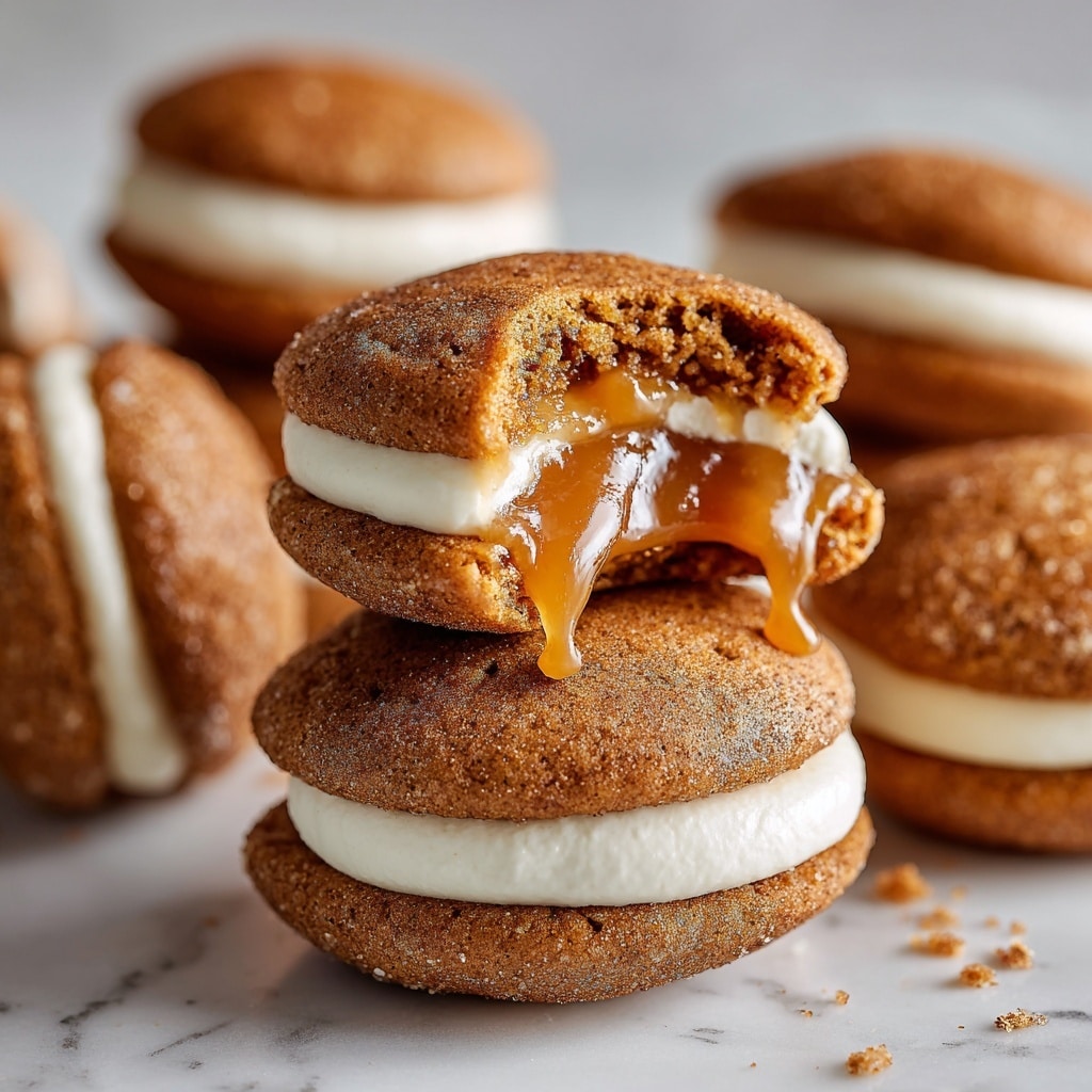The image shows several apple whoopie pies stacked together on a white marbled surface, each made of two soft, golden-brown cookie layers dusted lightly with cinnamon. Between the cookie layers, there is a smooth white cream filling and a glossy caramel apple filling that is oozing out from the center of one whoopie pie that has a bite taken out of it, revealing the layers clearly. The texture of the cookies looks soft and slightly crumbly, while the cream appears smooth and thick, and the caramel looks sticky and shiny, creating a rich, inviting look. Photo taken with an iphone --ar 4:5 --v 7