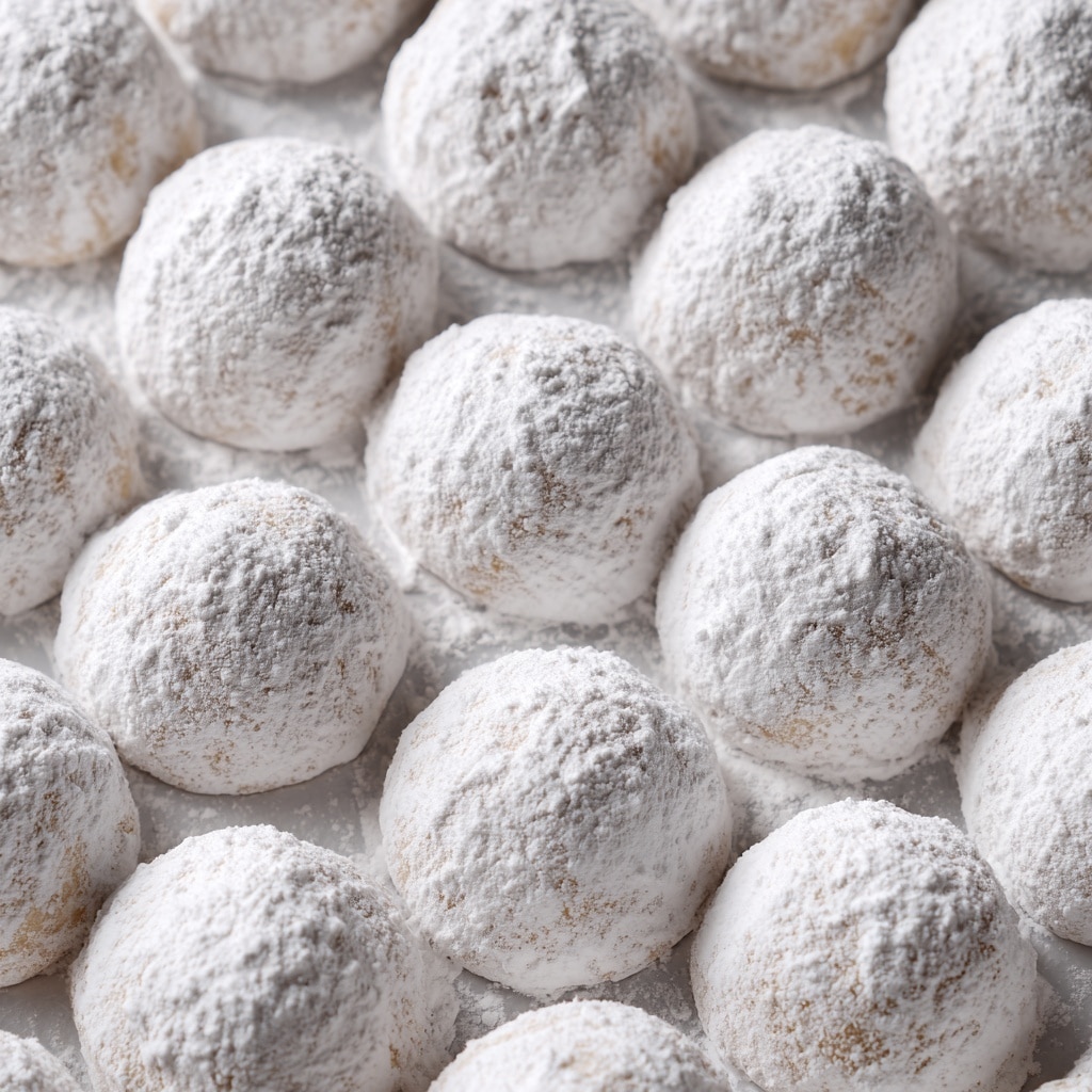 The image shows many small round cookies covered in white powdered sugar, closely packed together in a glass baking dish. Each cookie has a soft, powdery texture, looking like little white snowballs arranged in rows. The background is a white marbled texture. The overall look is clean and simple with a uniform layer of powdered sugar coating each cookie, creating a snowy effect. Photo taken with an iphone --ar 4:5 --v 7
