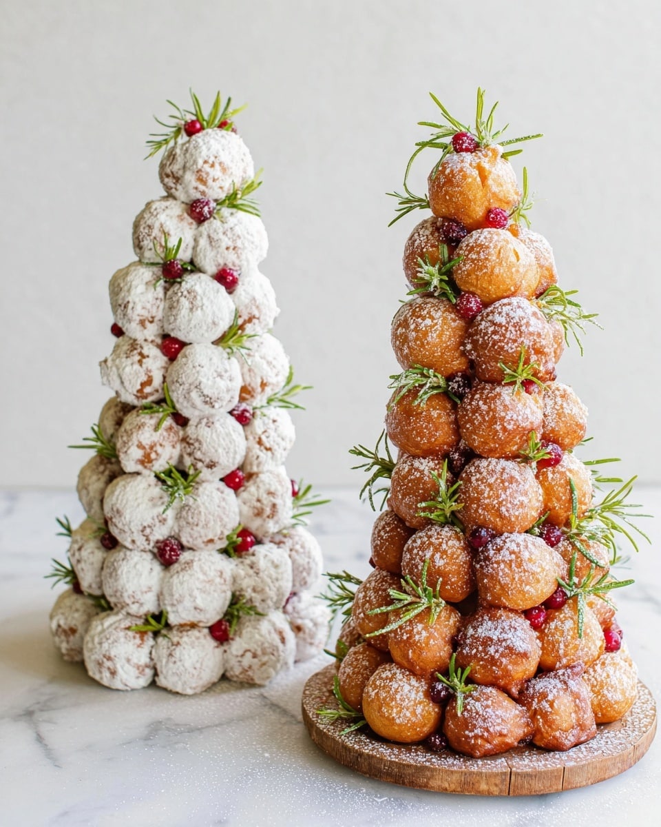 Two cone-shaped towers made from small round doughnut holes are arranged on a white marbled surface. The tower on the left is covered fully with powdered sugar, giving it a white, soft texture. Small red berries and bright green sprigs of rosemary are scattered evenly throughout this tower, adding splashes of color and a natural touch. The tower on the right has a golden brown, slightly shiny texture from the doughnut holes, which are dusted lightly with powdered sugar. It also features green rosemary sprigs spread between layers for decoration. Both towers are placed close to each other, with the golden brown tower on a wooden round board beneath it. Photo taken with an iphone --ar 4:5 --v 7