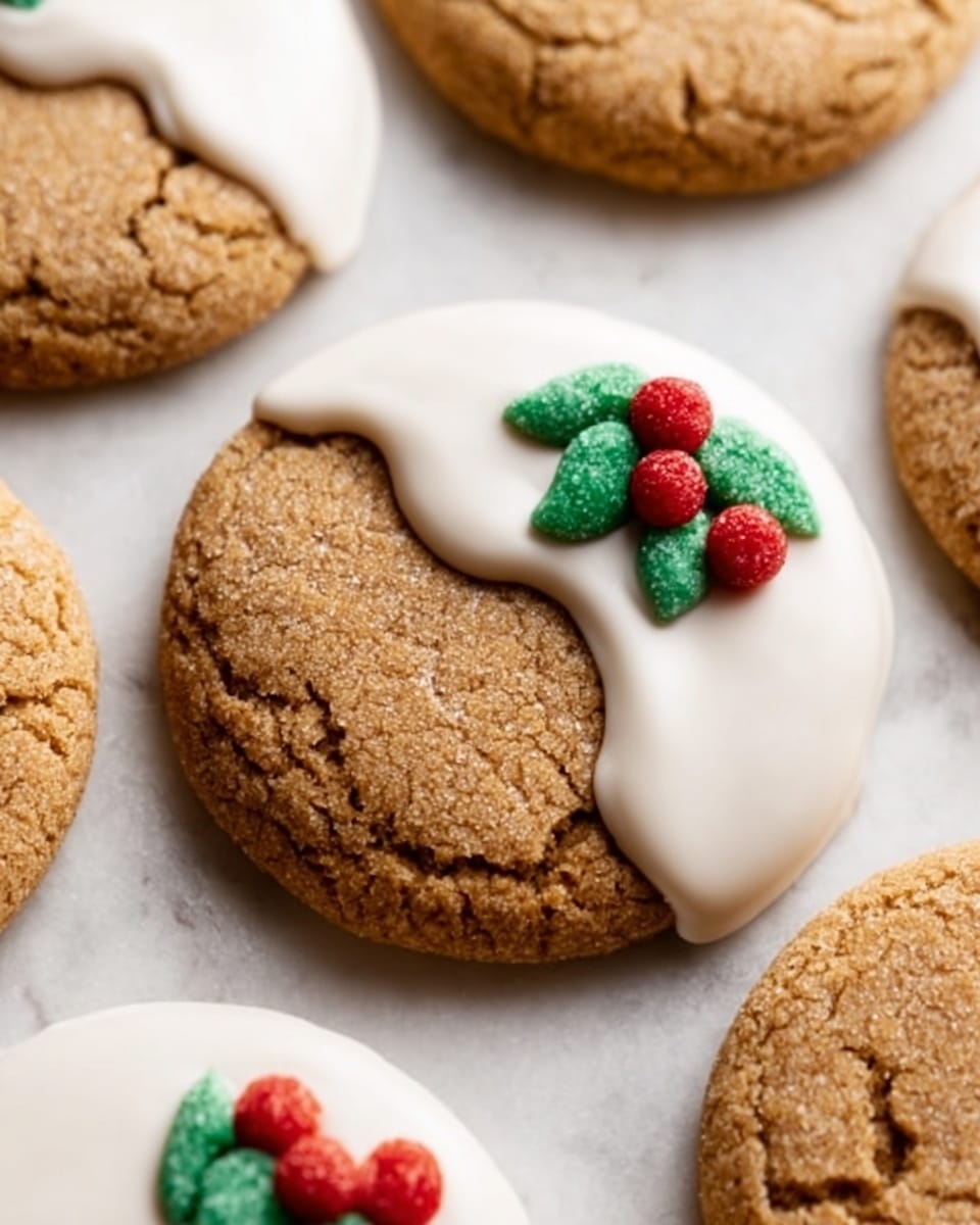 A black plate holds nine light brown cookies arranged in a loose stack, each cookie half-covered with smooth white icing on one side. On the white icing, there is a small decoration shaped like green leaves with three bright red berries, placed near the edge of the icing. The cookies have a soft, slightly cracked texture visible on the exposed brown part. Green leafy sprigs decorate the top and bottom edges of the plate, which sits on a white marbled surface, with a gray cloth folded and placed to the right side. photo taken with an iphone --ar 4:5 --v 7