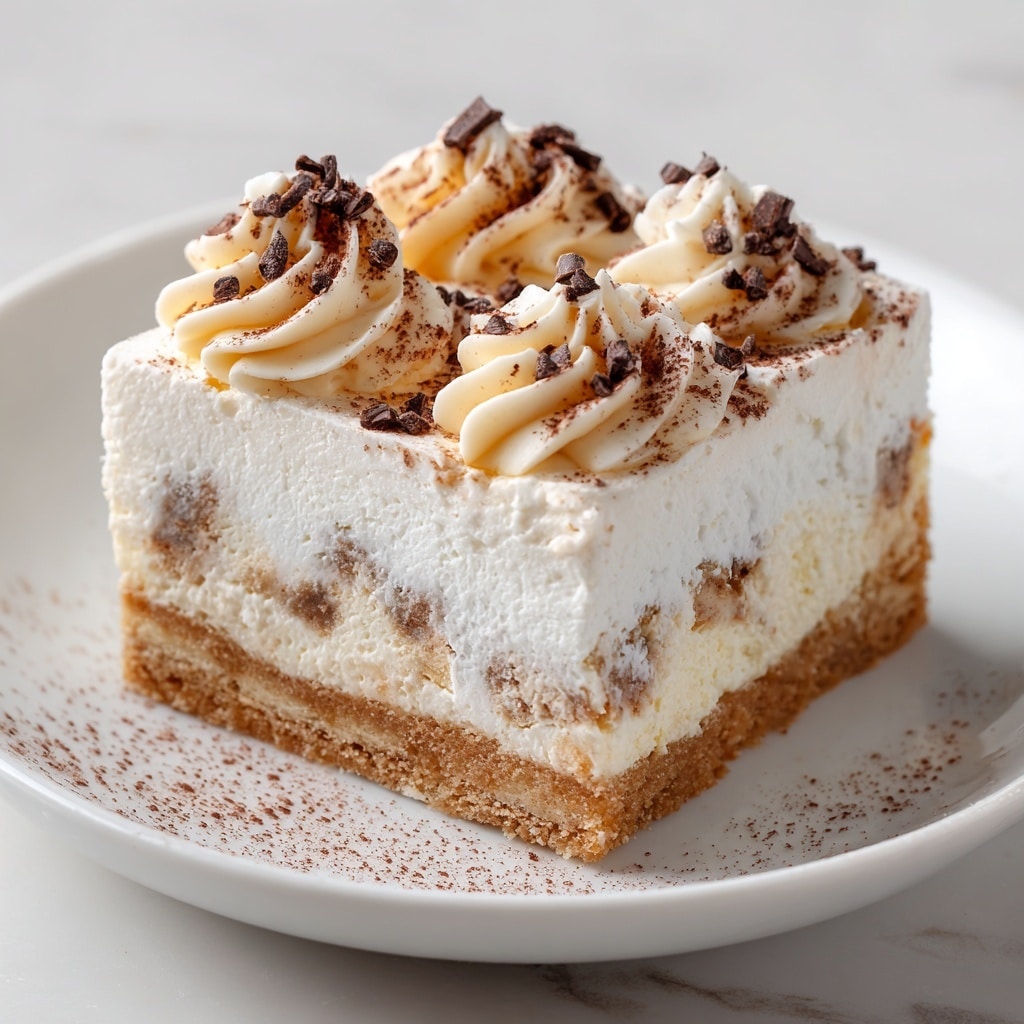 This image shows a slice of two-layer cake on a white plate with a white marbled texture underneath. The cake has two thick golden-brown sponge layers filled and topped with creamy white frosting. The top layer is decorated with small swirls of white cream, and the cake is generously covered in small dark chocolate chips and curls. A light dusting of powdered sugar adds a soft texture on top and on the plate, with some chocolate chips scattered around. The cake appears moist with small dark specks visible in the sponge, adding to its texture. photo taken with an iphone --ar 4:5 --v 7