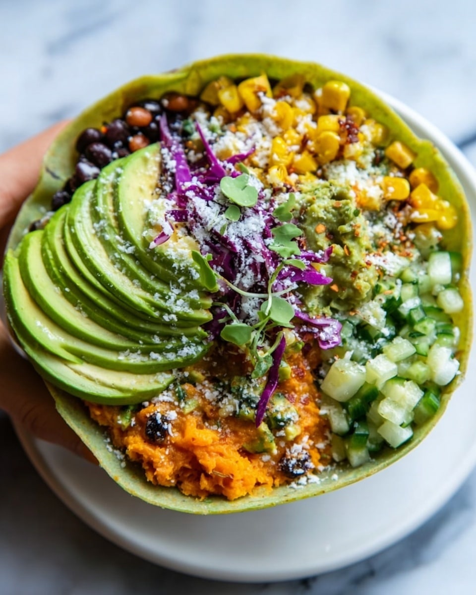The image shows a vibrant green tortilla bowl filled with colorful ingredients arranged in layers. The bottom layer appears to be bright orange mashed sweet potatoes, topped with small cubed yellow corn and green chopped cucumbers mixed together on the right side. On the left side, there are several thick pieces of sliced avocado placed next to the sweet potatoes. Above the avocado and corn mix, there is shredded purple cabbage and a small amount of dark beans or lentils. The dish is finished with a sprinkle of finely grated white cheese or coconut and some fresh green herbs on top. The bowl sits on a white plate with a white marbled surface in the background, and a woman's hand gently holds the bowl. Photo taken with an iphone --ar 4:5 --v 7