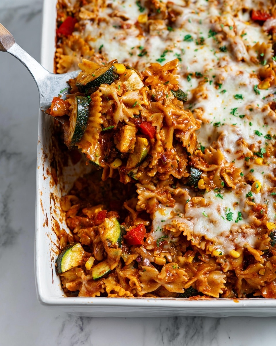 This image shows a white rectangular baking dish filled with a pasta bake. The bottom layer is made of bowtie pasta mixed with cooked pieces of green zucchini, red bell pepper, yellow corn kernels, and chunks of tofu or a similar ingredient, all coated in a rich reddish-brown tomato sauce. On top, there is a generous layer of melted white cheese with browned spots and small flecks of green fresh herbs scattered over it. A metal spatula with a pale handle is lifting a portion from the corner, revealing the colorful and textured layers beneath. The background is a clean white marbled surface. Photo taken with an iphone --ar 4:5 --v 7
