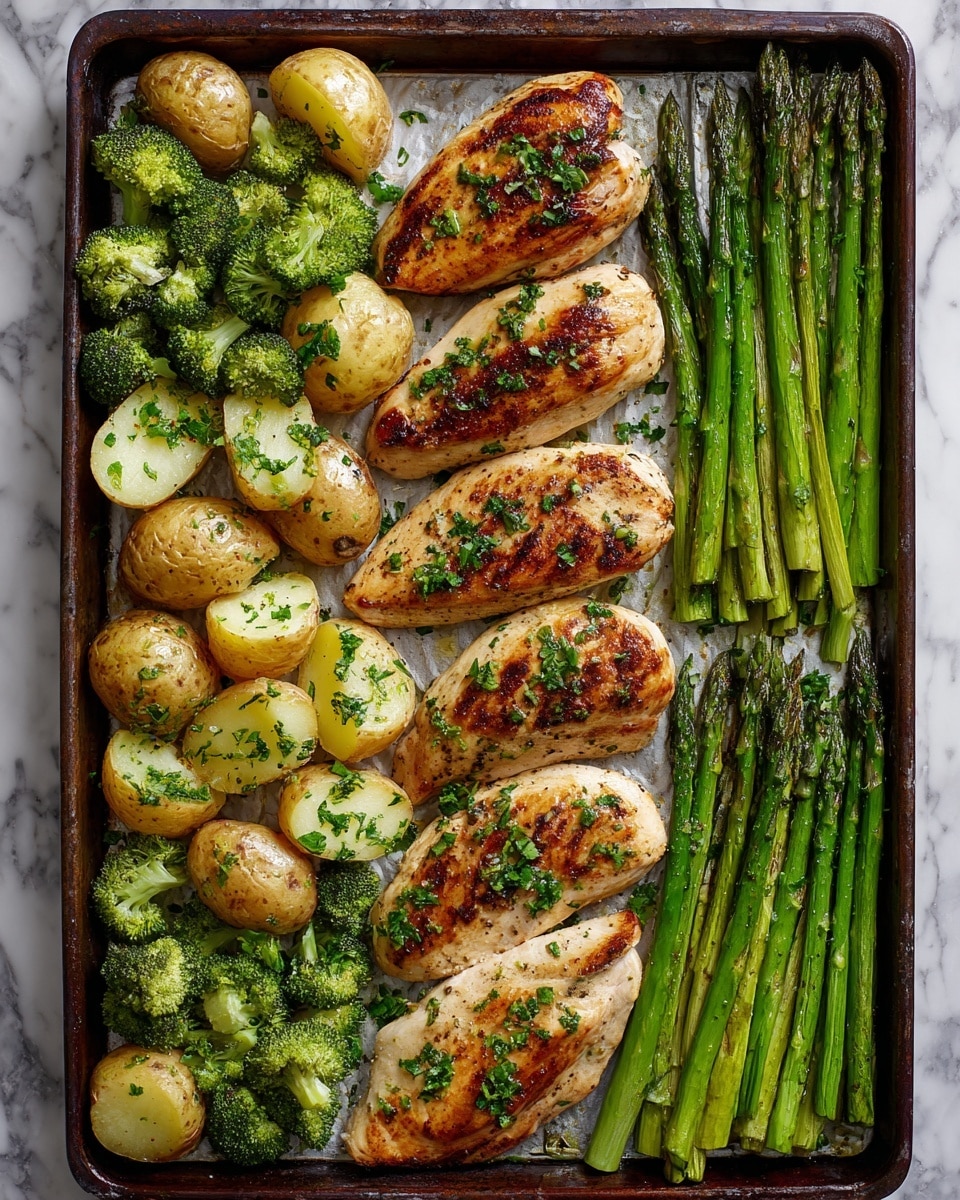 The image shows a baking tray full of cooked food on a white marbled texture. There are six grilled chicken breasts with a golden-brown color and small bits of green herbs sprinkled on top, arranged in the middle and toward the right side. Surrounding the chicken are roasted potato halves with a light golden color and chopped green herbs. Bright green broccoli florets are scattered between the chicken and potatoes. On the far left and right sides of the tray, long green asparagus spears are laid out in neat rows. The overall look is fresh and colorful with a mix of brown, green, and golden tones. photo taken with an iphone --ar 4:5 --v 7