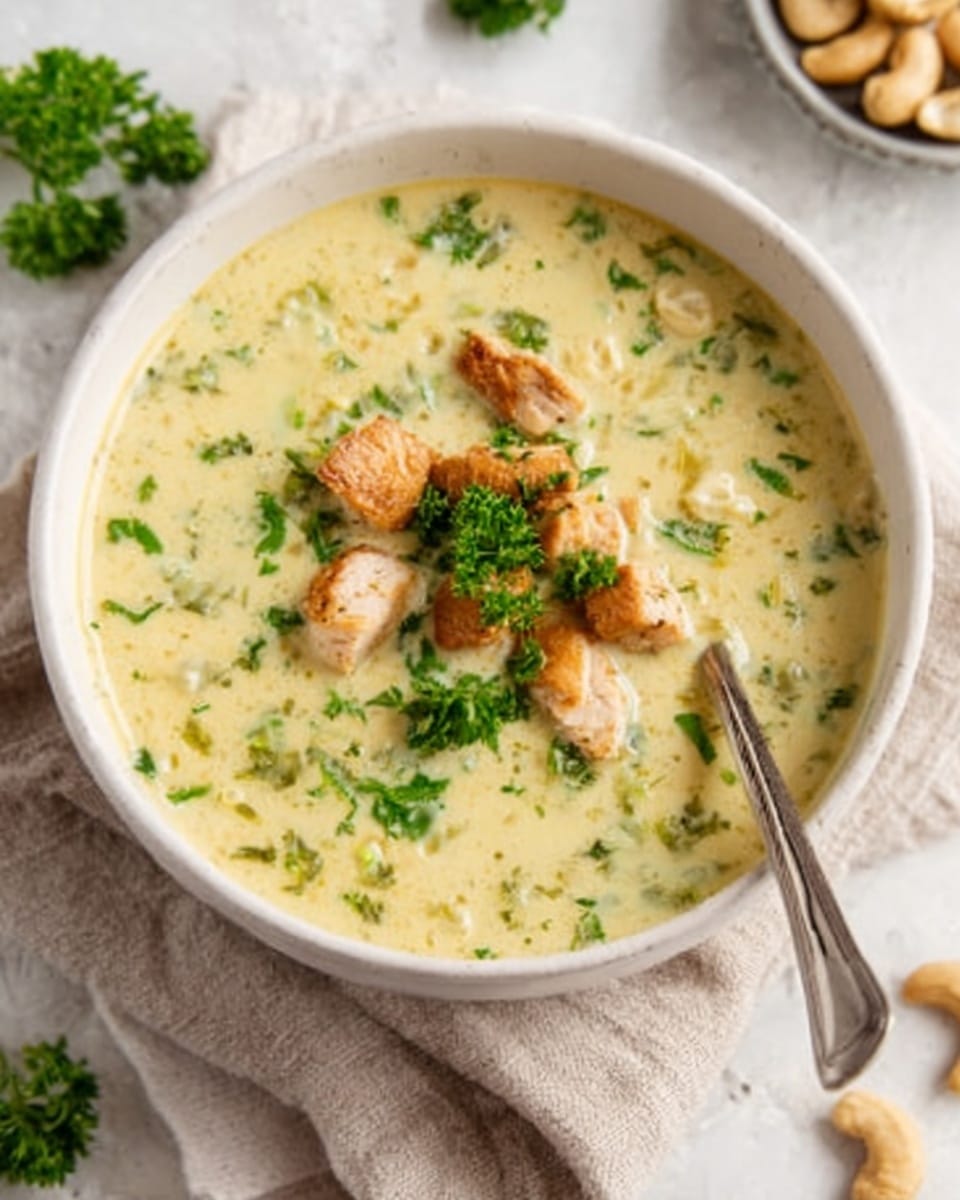 Two bowls of creamy broccoli soup are shown from above on a white marbled surface with a beige cloth underneath. Each bowl is white with a thin gray rim. The soup is pale yellow-green with small pieces of broccoli and carrot, topped with chopped green parsley and several crispy brown croutons. A spoon rests inside the bowl in the foreground. In the background, there is a white plate filled with more croutons, a small glass bowl of yellow powder, a green broccoli floret, and some scattered cashew nuts and parsley. Photo taken with an iphone --ar 4:5 --v 7
