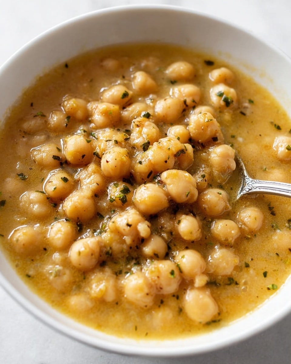 The image shows a close-up view of a white bowl filled with a thick chickpea stew. The stew has a warm yellowish-beige color with soft, plump chickpeas spread throughout the soup. The surface is slightly shiny with a smooth texture, and small greenish herb flakes are sprinkled on top. A silver spoon is partially visible in the bowl, touching the chickpeas, and everything rests on a white marbled surface. photo taken with an iphone --ar 4:5 --v 7