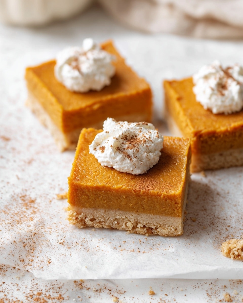 The image shows three square-shaped pumpkin bars placed on white parchment paper over a white marbled surface. Each bar has two distinct layers: a bottom crust layer that is light beige and crumbly, and a thick top layer that is orange and smooth with a slightly textured surface. On top of each pumpkin bar, there is a small dollop of white whipped cream sprinkled with brown cinnamon powder. There are some crumbs and small cinnamon powder spots scattered on the parchment paper around the bars. Photo taken with an iphone --ar 4:5 --v 7