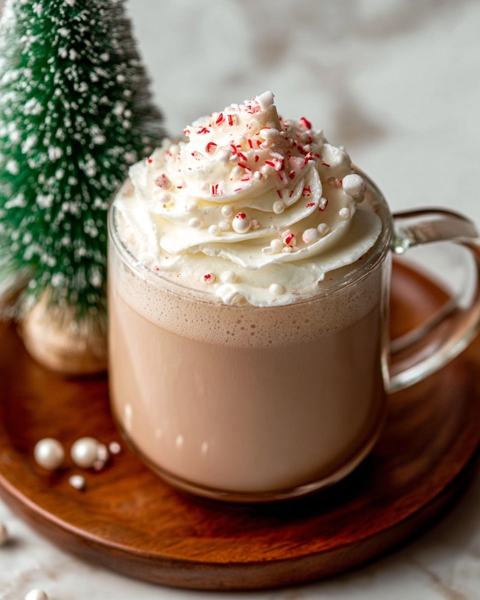 A clear glass mug filled with three layers: the bottom layer is light brown hot chocolate with a smooth and slightly frothy texture on top, the middle layer is a thick swirl of white whipped cream, and on top, small red sprinkles and white pearl-like decorations are scattered. The mug is placed on a round wooden tray with a tiny green, snow-dusted Christmas tree figure beside it, all set on a surface with a white marbled texture in the background. Photo taken with an iphone --ar 4:5 --v 7
