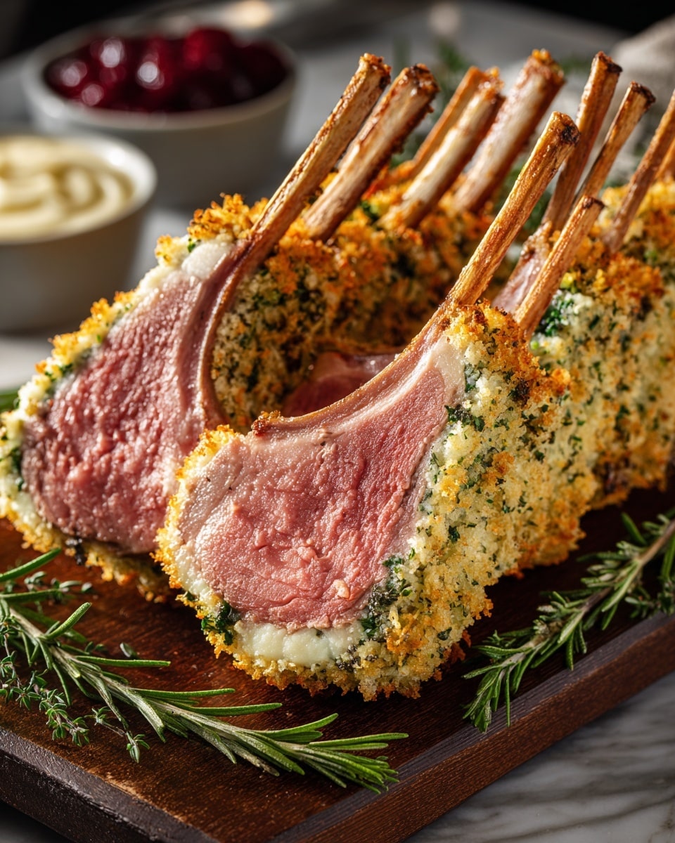 The image shows a rack of lamb cut into four thick slices, each with a golden brown crumb and herb crust on the outside, featuring green herbs mixed into the crispy topping. The inside meat is pink and juicy with a slightly seared edge near the crust. Each slice displays the ribs protruding upwards, creating a natural handle effect. The lamb rests on a dark wooden board, surrounded by sprigs of fresh rosemary which add a touch of green and freshness. In the blurred background, there are small bowls of red berry sauce and creamy white sauce on a white marbled surface. The lighting highlights the textures and colors of the lamb, making it look tender and appetizing. Photo taken with an iphone --ar 4:5 --v 7