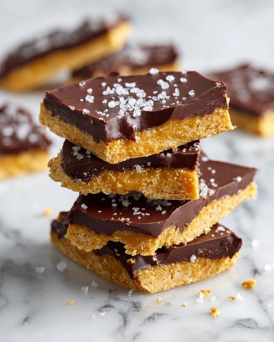 The image shows a stack of four pieces of chocolate-covered toffee bark with visible layers; each piece has a base layer of golden, airy toffee with a rough texture, topped by a smooth, thick layer of dark chocolate sprinkled with small flakes of sea salt. The bark pieces have uneven, jagged edges and are stacked on a white marbled surface, with more pieces blurred softly in the background, adding depth to the photo taken with an iphone --ar 4:5 --v 7