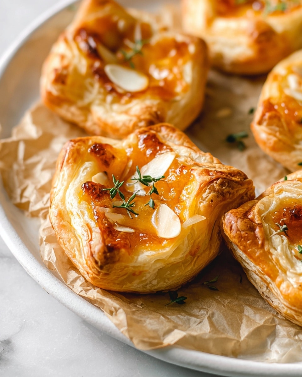 The image shows a close-up of a flaky, golden-brown pastry with multiple thin layers, some torn to reveal its soft, airy inside. The pastry has a shiny, slightly sticky top layer with a small orange jelly or jam patch in the center, topped with a few small green herb leaves and thin almond slices. It rests on a white marbled textured surface covered with crinkled parchment paper, with blurred partial views of other similar pastries in the background. photo taken with an iphone --ar 4:5 --v 7