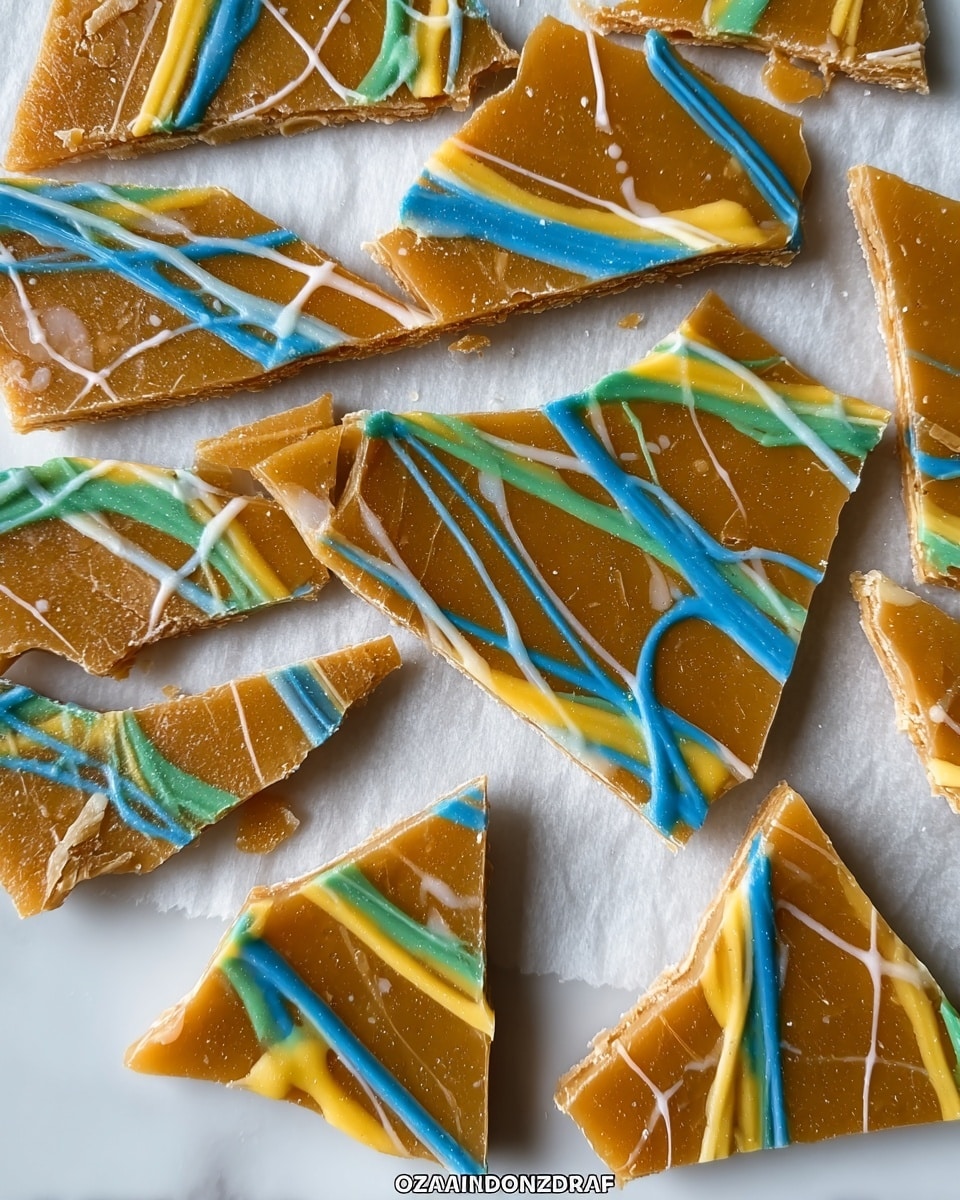 The image shows a spread of uneven caramel-colored brittle shards laid flat on white parchment paper over a wooden board, against a white marbled background. Each shard is glossy and smooth with some showing slight bubbles or texture, and they are decorated with random drizzles of thin, wavy lines in bright pastel colors: blue, yellow, and light green. The brittle pieces vary in size and shape, with some more triangular and others more rectangular or irregular. The colorful drizzles contrast sharply with the warm brown caramel base, creating a visually interesting pattern across the entire arrangement. Photo taken with an iphone --ar 4:5 --v 7