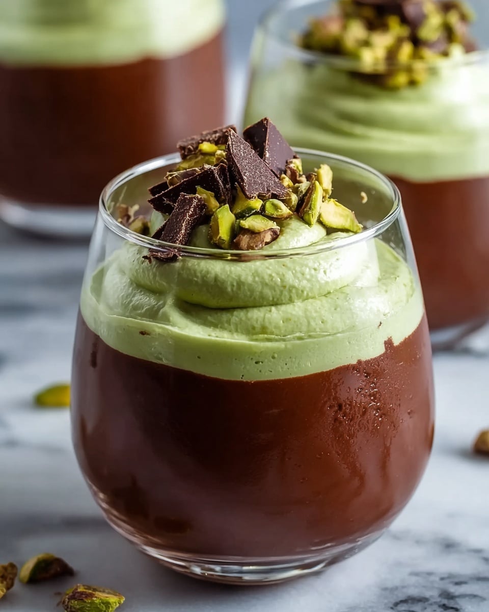 The dessert is served in a clear glass with two layers: the bottom layer is a thick, smooth, dark brown chocolate pudding that fills most of the glass, and the top layer is a dollop of light green pistachio cream that sits high above the chocolate layer with a soft, airy texture. On top of the green layer, there are small pieces of chopped pistachios and irregular chunks of dark chocolate scattered as a garnish. The glass is placed on a white marbled surface with a soft-focused background showing parts of two more similar glasses behind it. Photo taken with an iphone --ar 4:5 --v 7