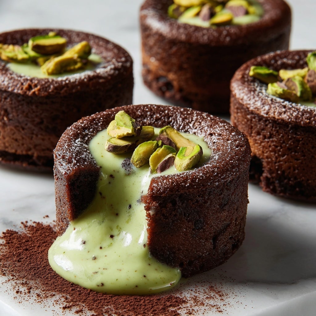 The image shows several round chocolate lava cakes with a soft and moist texture, placed on a white marbled surface. Each cake has a dark brown outer layer that looks slightly cracked, revealing a smooth, light green pistachio lava filling flowing out from the center of one cake. The green filling is creamy with tiny dark specks, and the top of each cake is decorated with a few whole pistachio nuts in green and yellow shades. There is a circular sprinkle of cocoa powder beneath the cake with the lava oozing out, adding contrast to the white marbled surface. photo taken with an iphone --ar 4:5 --v 7