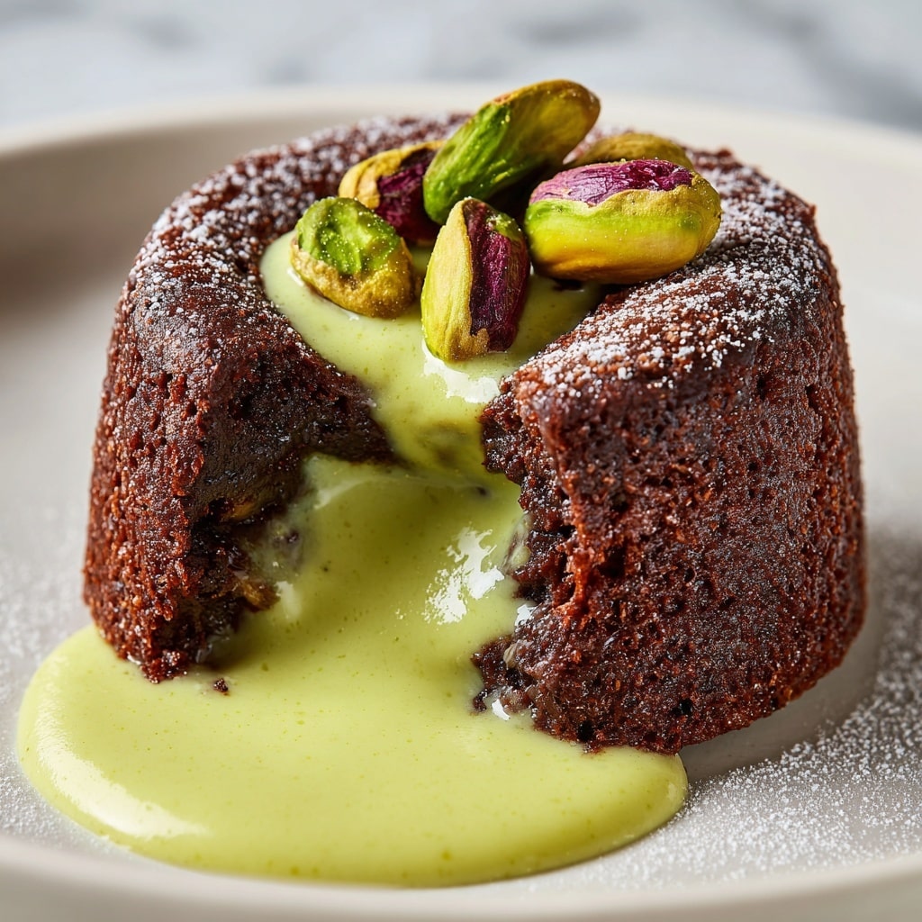 A small, round chocolate lava cake with a deep brown, slightly cracked outer layer dusted with cocoa powder sits on a white plate with a white marbled background. The cake has a well in the center, filled with smooth, creamy light green pistachio filling that is oozing out onto the plate. On top of the cake, there are several shelled pistachio nuts, bright green with some purple-red hints. The texture of the cake looks soft and moist, contrasting with the glossy, liquid pistachio center. Photo taken with an iphone --ar 4:5 --v 7