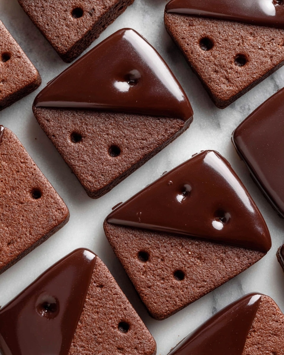 The image shows several brown rectangular chocolate cookies, each with one half dipped in smooth, glossy dark chocolate, creating a two-tone look. The cookies have small, evenly spaced holes on their surface. In the center, three cookies are stacked, showing two thin layers of chocolate filling between three cookie layers. The cookies rest on white marbled texture, with more cookies scattered around them in the background. The shiny chocolate coating contrasts with the matte texture of the cookie base, making the treat look rich and inviting. Photo taken with an iphone --ar 4:5 --v 7