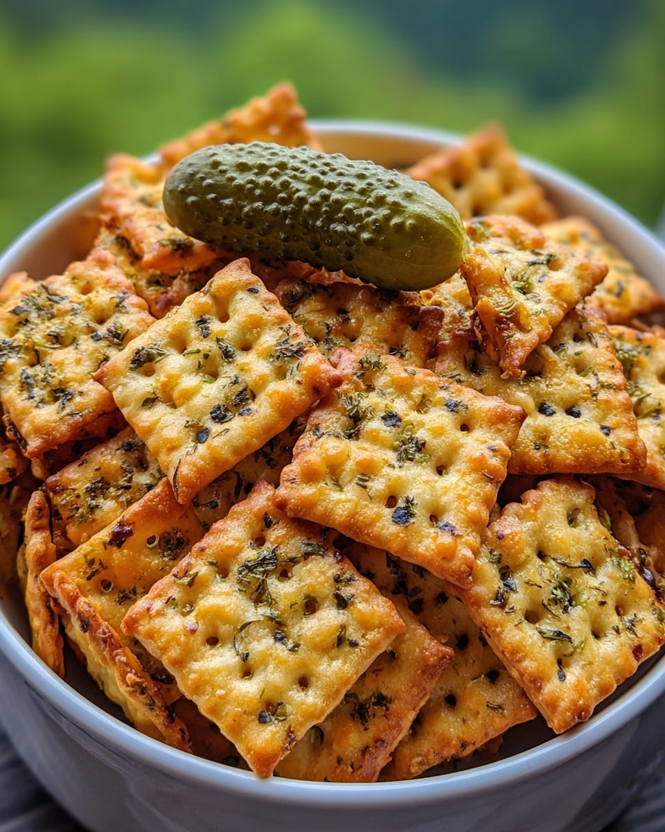 A close-up shot of a bowl filled with square-shaped, golden-brown crackers that have visible green herbs and small black seeds sprinkled on top. Each cracker has a textured, grid-like pattern with slightly browned edges and a hint of melted cheese on the surface. On top of the crackers, there is a small green pickle with dark spots, resting in the center. The bowl is white and is set against a blurred green natural background. Photo taken with an iphone --ar 4:5 --v 7