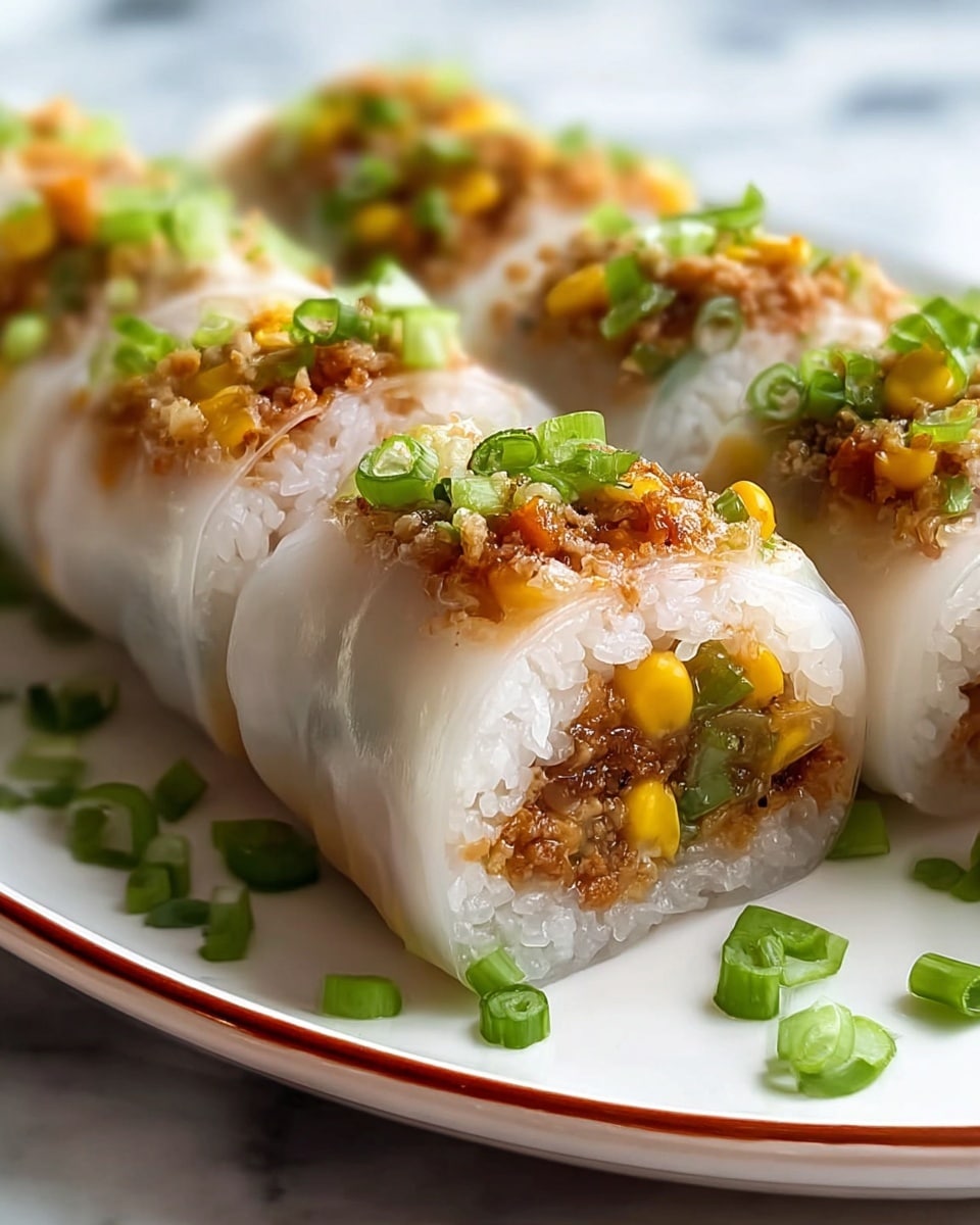 The image shows several pieces of translucent white rice paper rolls arranged on a white plate with a thin red border, placed on a white marbled surface. Each rice roll is cut to reveal multiple layers inside: a bottom layer of white sticky rice, a middle layer of light brown cooked minced meat or topping with small yellow corn kernels mixed in, and green chopped spring onions scattered on top and around the plate for garnish. The rolls have a smooth, slightly glossy texture, and they are lined up closely, with the front piece in clear focus showing the colorful filling details clearly. photo taken with an iphone --ar 4:5 --v 7
