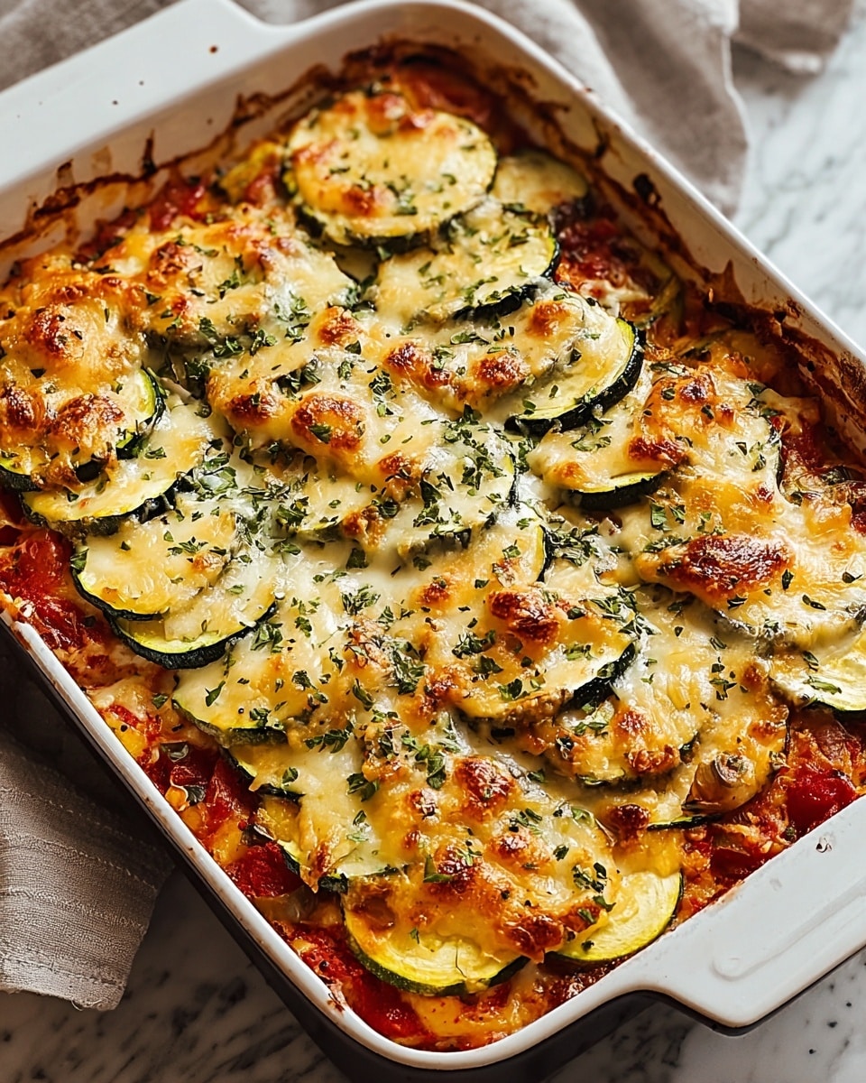 A baked casserole in a white ceramic dish filled with three main visible layers: the bottom layer is a chunky tomato sauce with bits of vegetables, the middle layer is thickly sliced zucchini pieces arranged in rows covering the sauce, and the top layer is melted golden cheese that is bubbly and slightly browned, sprinkled with green herbs. The casserole edges are browned and crispy, and the white dish rests on a white marbled surface with a folded cloth nearby. Photo taken with an iphone --ar 4:5 --v 7