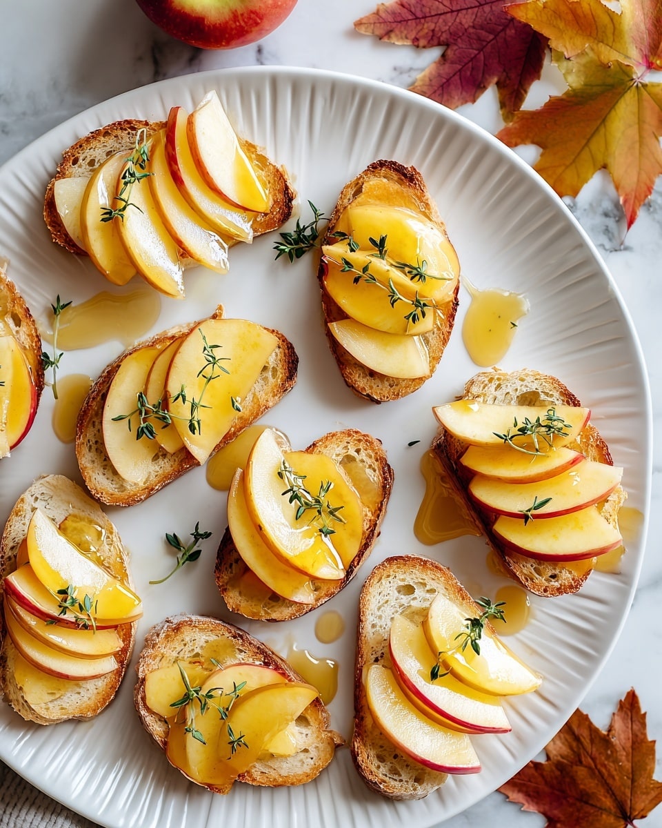 The image shows eight small toasted bread pieces arranged on a white plate with ridged edges, placed on a white marbled surface. Each toast has three to four thin slices of apple with a red and yellow peel layered in a slightly overlapping pattern, showing a smooth, pale yellow flesh. The apple slices are topped with a shiny drizzle of golden honey, which also drips slightly onto the plate. Small green thyme sprigs are placed on top of each toast and scattered around the plate. To the side, there is a red and yellow apple partly visible and some autumn-colored leaves add a seasonal touch around the plate. photo taken with an iphone --ar 4:5 --v 7