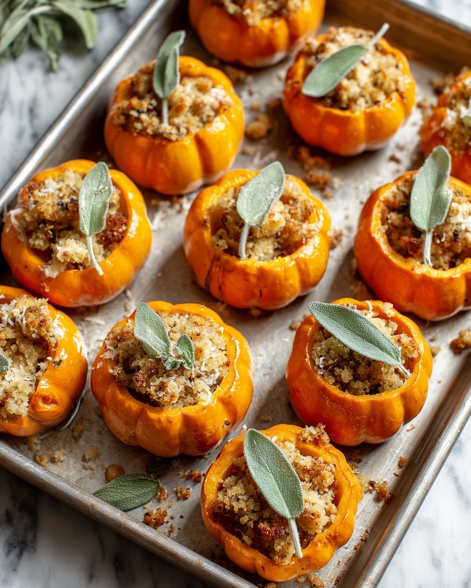 A metal baking tray holds eight small, bright orange pumpkins, each hollowed out and filled with a crumbly, golden brown stuffing that has a rough texture with small chunks visible. On top of the stuffing, there are several light green, soft sage leaves placed on each pumpkin, adding a fresh touch. The pumpkins have a shiny surface with subtle ridges and a soft, cooked look. Around the pumpkins, there are scattered crumbs and bits of stuffing on the tray, which sits on a white marbled surface. The photo taken with an iphone --ar 4:5 --v 7