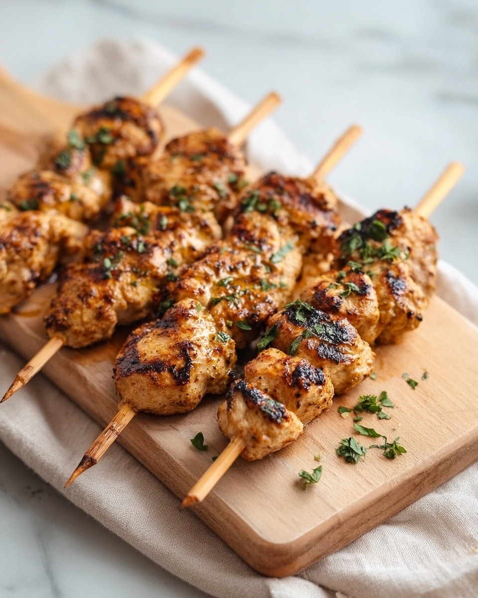 Three wooden skewers lie diagonally on a light wood cutting board, each skewer holding four to five pieces of grilled chicken. The chicken pieces are golden brown with grill marks and a slightly charred texture, garnished with small green herb leaves scattered on and around the pieces. The cutting board sits on a soft beige cloth over a white marbled surface, giving a clean and simple look. photo taken with an iphone --ar 4:5 --v 7