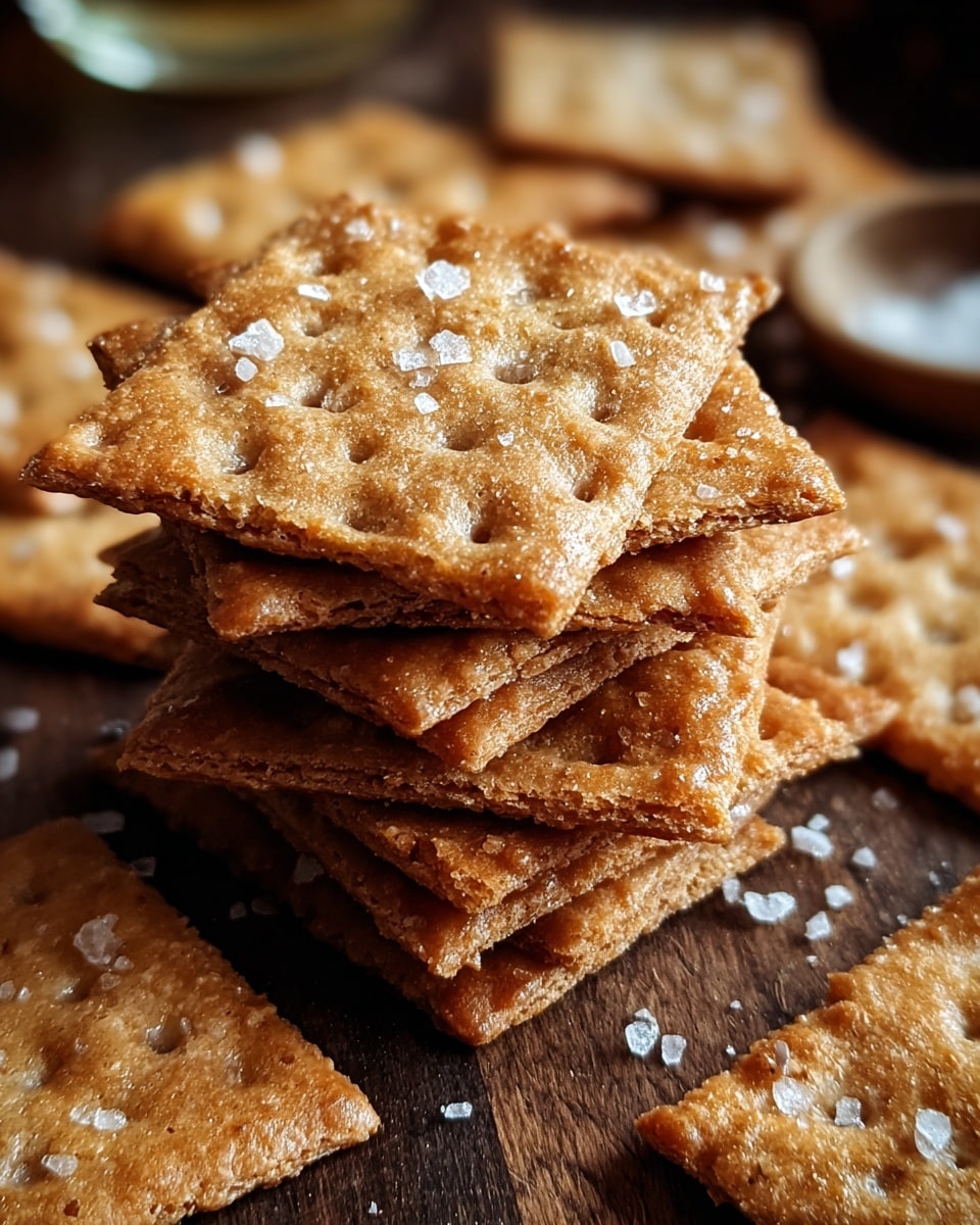 A close-up view of a stack of seven square, golden brown crackers with a rough, crumbly texture and sprinkled with coarse salt crystals, sitting on a dark wooden surface, additional crackers scattered around the base. The crackers have a slightly uneven surface with small holes and crispy edges, showing a mix of light and deeper brown tones. Photo taken with an iphone --ar 4:5 --v 7