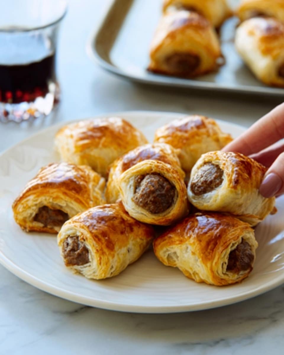 The image shows a white plate filled with six golden-brown puff pastry parcels, each wrapped around a small round meat filling that is visible at the open ends. The pastries have a flaky texture with crisp, shiny, slightly darker edges and a soft, light golden middle. The meat inside looks well cooked and juicy, with a rich brown color. A woman’s hand is reaching toward one of the pastries at the edge of the plate. In the background, there is a white marbled surface that holds a glass container with dark liquid and a tray with more pastries also on a white plate. The lighting highlights the golden color and texture of the pastries. photo taken with an iphone --ar 4:5 --v 7