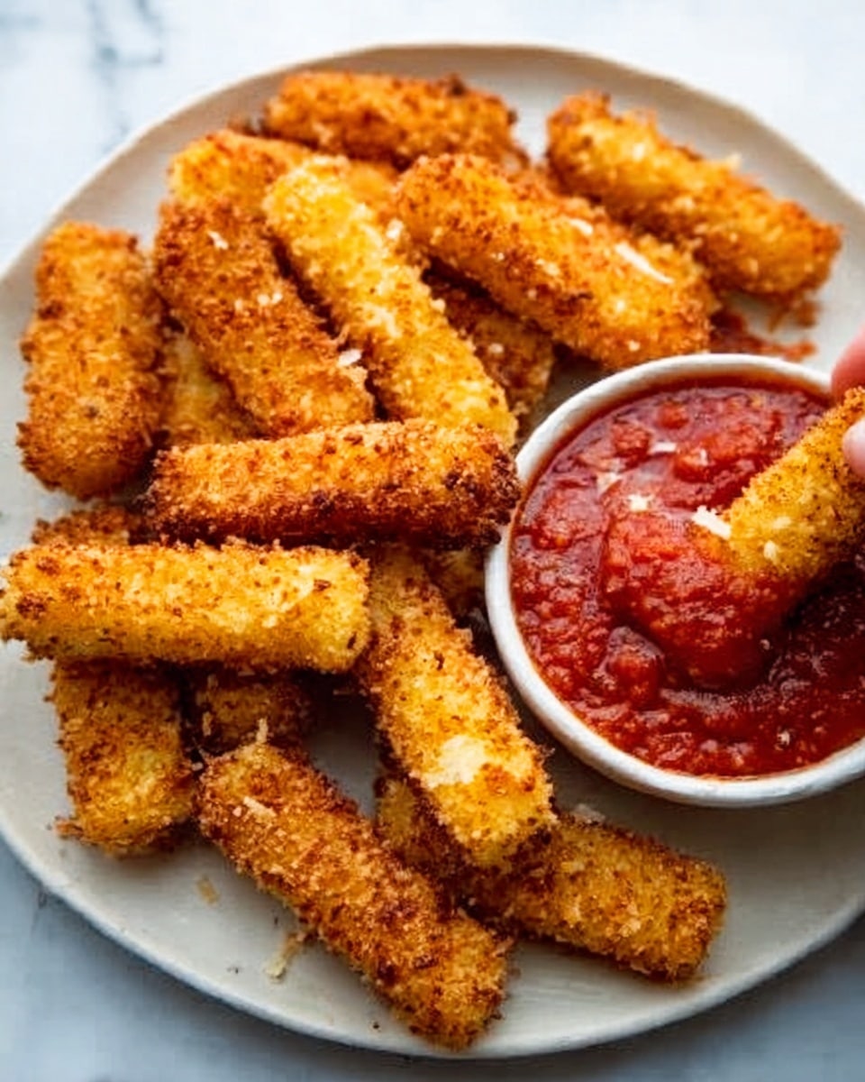 A white round plate filled with golden brown crispy fried sticks that look crunchy and breaded, arranged closely together. On the right side of the plate, there is a small white bowl filled with thick red tomato sauce that has a chunky texture. The sauce looks fresh and slightly shiny. A woman's hand is gently dipping one of the fried sticks into the sauce, partially covered with the sauce and showing a smooth melting texture where dipped. The background is a white marbled surface. Photo taken with an iphone --ar 4:5 --v 7