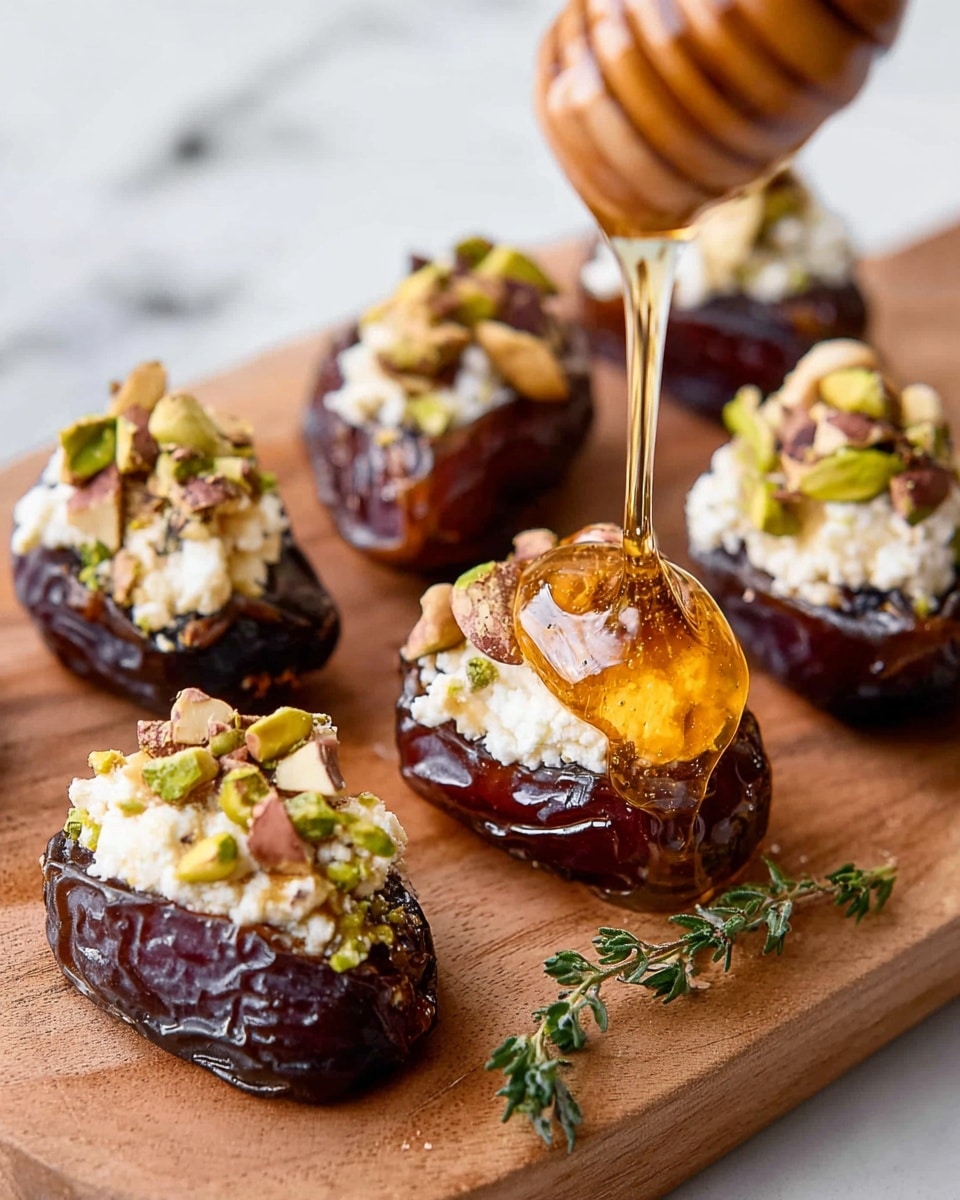 The image shows a close-up of six dark brown dates placed on a wooden board next to a white marbled surface. Each date is stuffed with a layer of crumbly white cheese and topped with mixed nuts, including cashews and green pistachios. A golden amber-colored honey is being gently poured over the center date, creating a shiny, sticky layer that glistens in the light. On the right side of the image, there is a small sprig of fresh green thyme adding a touch of natural color to the composition. photo taken with an iphone --ar 4:5 --v 7