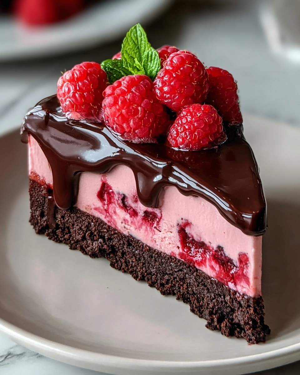 A close-up of a slice of chocolate raspberry tart on a white plate with a golden rim, placed on a white marbled surface. The tart has three visible layers: the bottom layer is a dark, crumbly chocolate crust, the middle layer is thick and smooth pink raspberry cream with bits of raspberries inside, and the top layer is a shiny, rich dark chocolate ganache that drips down the sides. On top of the ganache, there are fresh whole red raspberries and small dark chocolate curls. Photo taken with an iphone --ar 4:5 --v 7