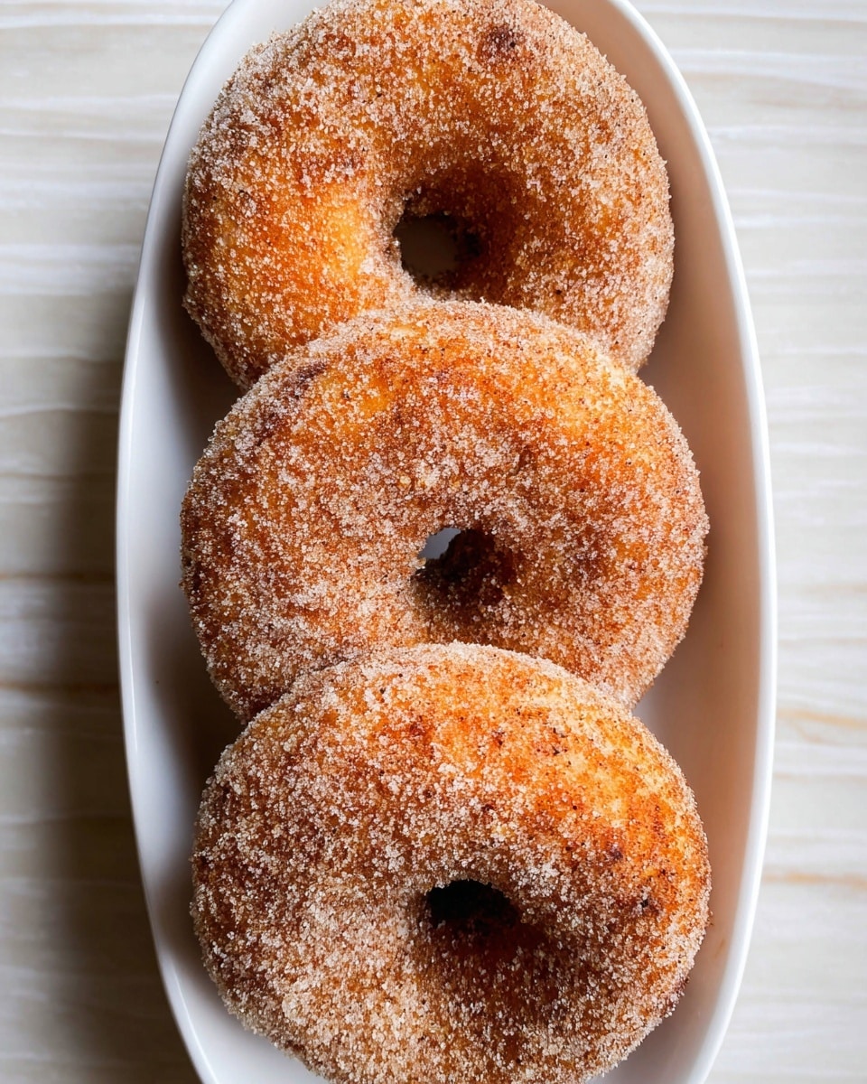 Three sugar-coated donuts are placed side by side in a white oval-shaped dish. Each donut shows a rough texture from the even layer of sugar and cinnamon sprinkled on their golden-brown surface. The donuts are arranged closely in a line, filling the dish evenly. The dish sits on a white marbled texture. photo taken with an iphone --ar 4:5 --v 7