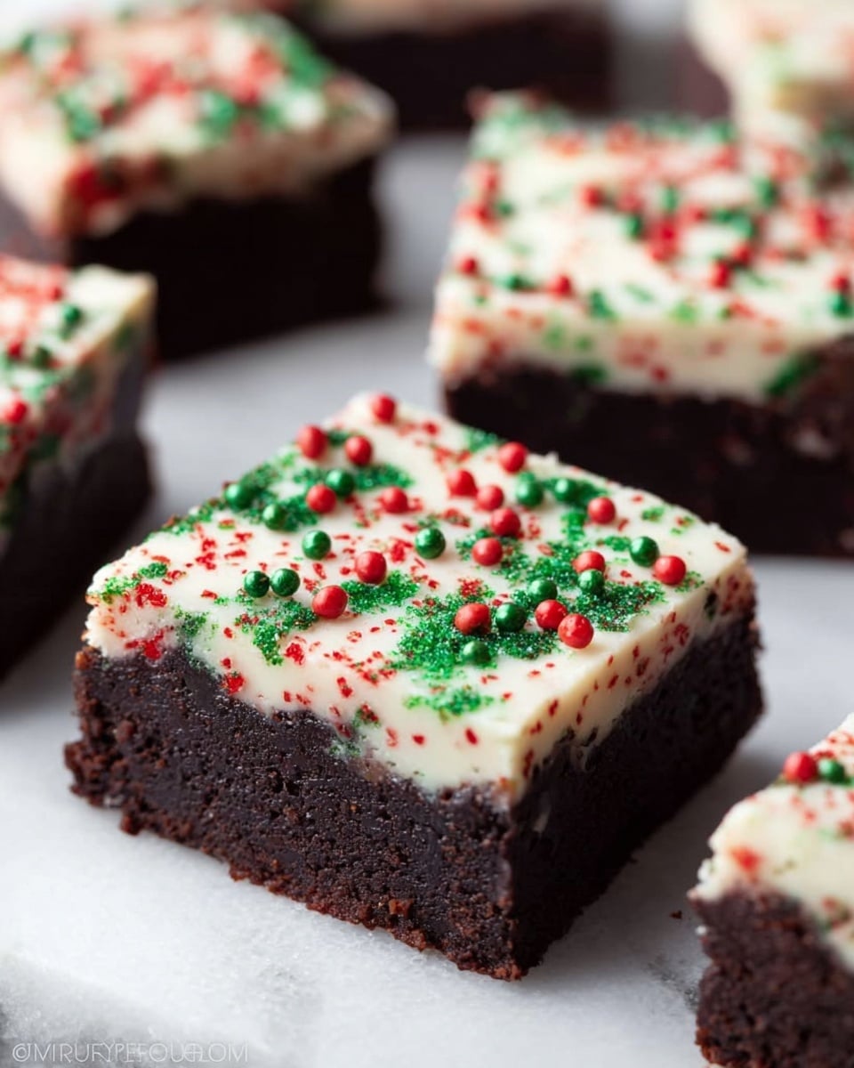 The image shows several square chocolate brownies with two distinct layers, set on a white marbled surface. The bottom layer is thick, dark brown, and looks moist and dense. The top layer is thinner, white, and smooth, decorated with small, round red and green sprinkles scattered evenly. The close-up view highlights the contrast between the rich dark base and the bright sprinkled topping, giving a festive appearance. Photo taken with an iphone --ar 4:5 --v 7