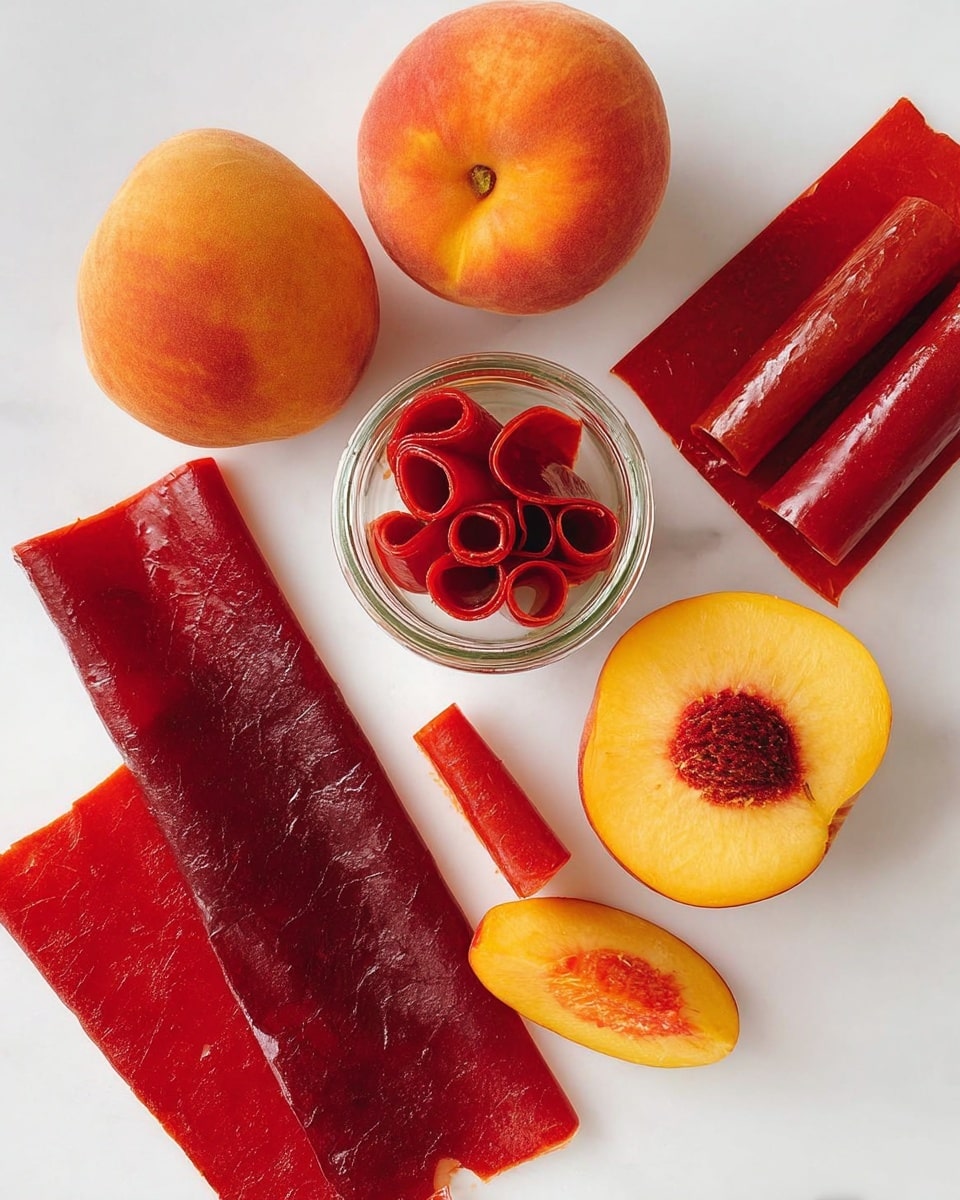 The image shows thin, flat sheets and rolled strips of deep red fruit leather placed on a white marbled surface. There are two whole peaches with smooth orange skin and two peach halves revealing bright yellow flesh with a dark brown pit in the middle. A small clear glass jar in the center holds several rolled fruit leather strips. One fruit leather sheet is laid flat to the side, showing a smooth, glossy texture with natural creases, and another is folded partially. The overall color contrast is rich red and warm peach tones against the white marbled background. photo taken with an iphone --ar 4:5 --v 7