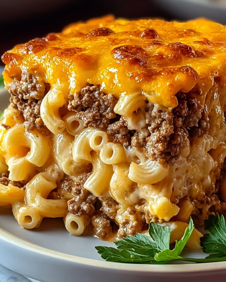 A close-up view of a thick slice of layered casserole on a white plate, placed on a white marbled texture. The casserole has three main layers: the bottom layer shows soft, curved macaroni pasta in a creamy, pale yellow sauce; the middle layer is made of browned ground beef with a coarse texture; the top layer is golden melted cheddar cheese that is bubbly and slightly browned in spots. There are small fresh green parsley leaves near the bottom edge of the plate for garnish. photo taken with an iphone --ar 4:5 --v 7