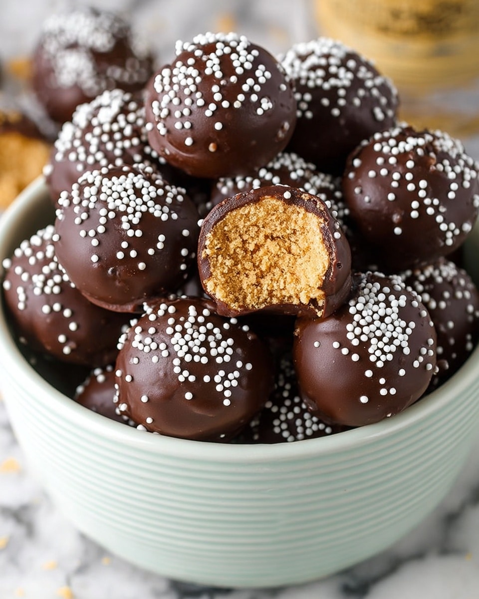 A bowl filled with many round chocolate balls covered in dark chocolate, each sprinkled with small white round sprinkles on top. One ball is placed on top with a bite taken out, showing a rough, crumbly golden-brown inside layer. The bowl is white and has a smooth ribbed texture outside. The background surface is a white marbled texture. Photo taken with an iphone --ar 4:5 --v 7