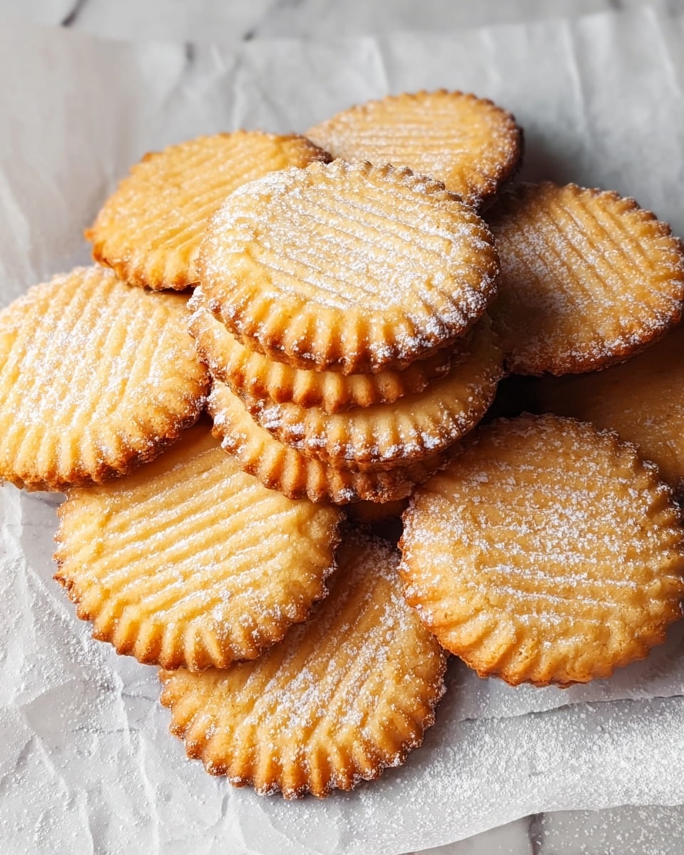 A pile of round golden cookies with scalloped edges sits on white parchment paper. Each cookie has horizontal ridges on top and is lightly dusted with powdered sugar around the edges, giving a soft white highlight. The cookies are stacked somewhat haphazardly with several layers overlapping each other, showing a crispy texture with a slightly browned finish at the edges. The whole pile rests on a white marbled surface that adds a clean and bright contrast to the warm, golden colors of the cookies. Photo taken with an iphone --ar 4:5 --v 7
