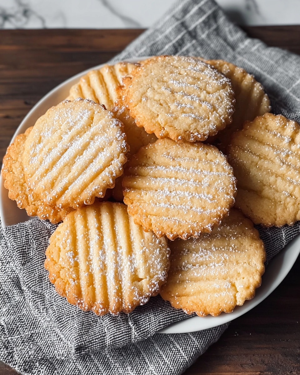 A white plate holds a group of round cookies with scalloped edges, each cookie showing a pattern of diagonal ridges on the top surface. The cookies are golden-brown with slightly darker edges and have a light dusting of powdered sugar scattered unevenly across them. The plate is lined with a gray cloth that has a subtle checkered pattern. The setting includes a dark wood surface beneath the plate, but the background is changed to a white marbled texture. Photo taken with an iphone --ar 4:5 --v 7