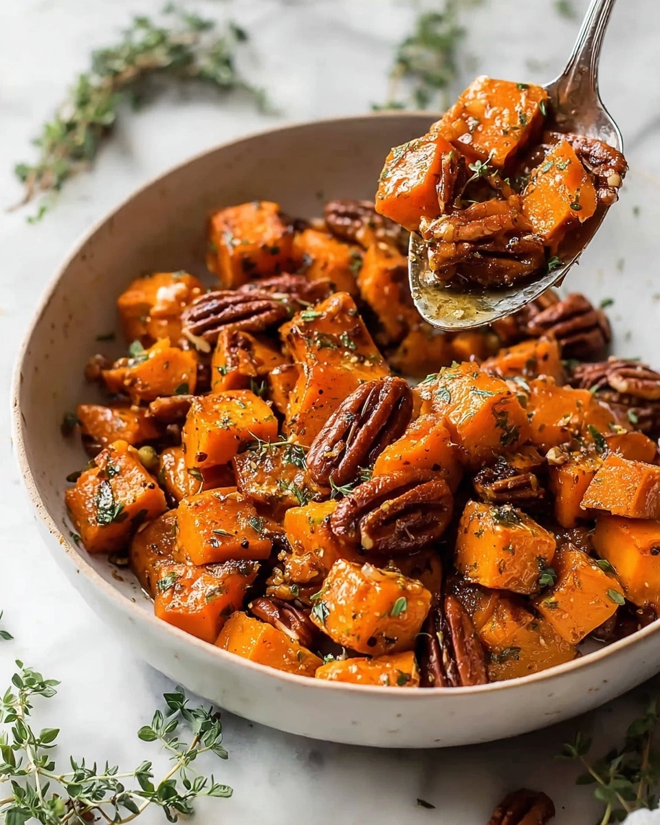 A close-up of a round white bowl filled with roasted cubed orange sweet potatoes mixed with whole brown pecans, both pieces coated in a shiny glaze and sprinkled with small green herb bits. Some sweet potato cubes and pecans are lifted by a large metal spoon above the bowl, showing a textured, slightly caramelized surface. The bowl rests on a white marbled surface scattered with fresh green herb sprigs and small herb pieces. Photo taken with an iphone --ar 4:5 --v 7