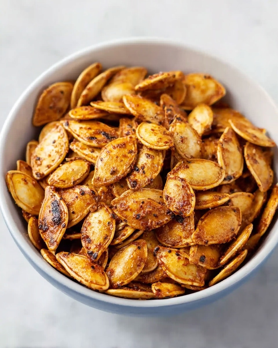 A white bowl filled with multiple golden-brown roasted pumpkin seeds that have a slightly shiny and crispy texture, each seed coated with a mix of spices visible as dark flecks on the surface. The seeds are piled high, showing a layered arrangement where some seeds lay flat, while others rest at angles, creating a sense of depth. The bowl sits on a white marbled surface, adding a clean and subtle background contrast to the warm tones of the seeds. photo taken with an iphone --ar 4:5 --v 7
