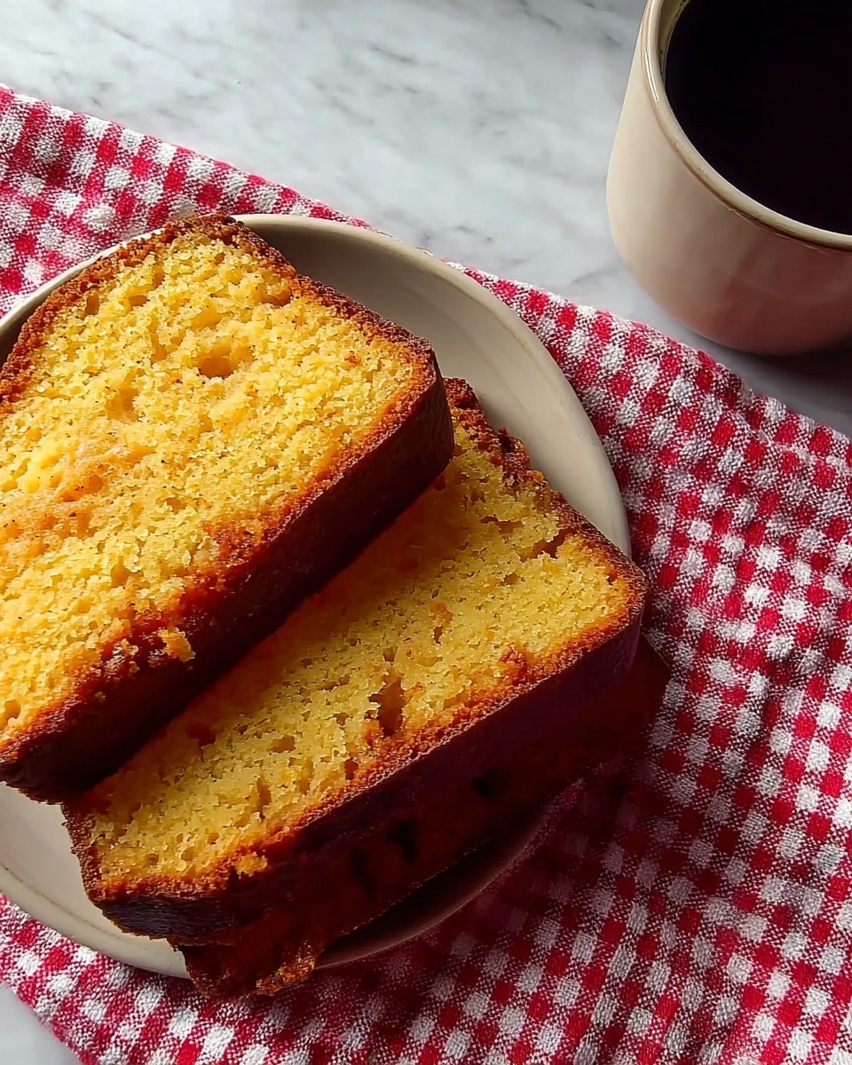 A loaf of golden brown banana bread is placed on a white rectangular plate with slightly raised edges, resting on a red and white checkered cloth over a white marbled surface. Three thick slices have been cut from the loaf and slightly overlapped to show the soft, moist, and textured pale yellow interior with a slightly crispy crust. In the background, there is a white vase with delicate purple flowers, blurred softly. The lighting brings out the warm, inviting color of the bread and a homely atmosphere. photo taken with an iphone --ar 4:5 --v 7