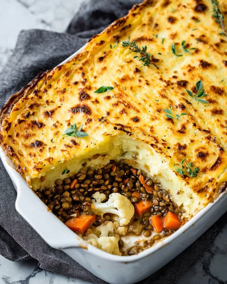 The image shows a white rectangular casserole dish filled with a layered lentil shepherd's pie. The top layer is golden brown and bubbly cheese with small browned spots and scattered green herb leaves, creating a crispy, textured surface. Below the cheese is a creamy, yellowish mashed potato layer. Inside, beneath the mashed potato, there is a thick lentil mixture with dark brown lentils mixed with small orange carrot chunks and a piece of roasted white cauliflower. The dish is placed on a white marbled surface with a dark gray cloth nearby. photo taken with an iphone --ar 4:5 --v 7