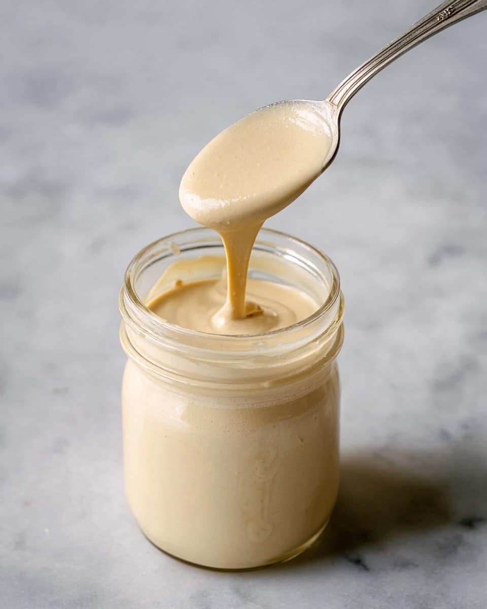 A glass jar filled with light beige creamy sauce, thick and smooth in texture, with a spoon lifting some of the sauce above the jar, showing its flowing consistency. The background has a white marbled texture, creating a clean and simple look. photo taken with an iphone --ar 4:5 --v 7