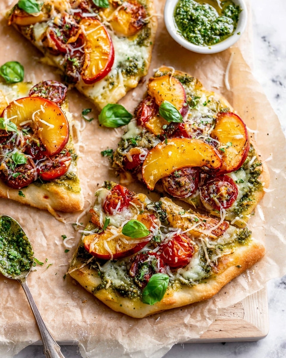 The image shows several pieces of flatbread topped with layers starting with a light golden crust, followed by a thick green pesto spread, then roasted red and yellow cherry tomatoes, and slices of caramelized peach. On top of this, there is a light sprinkle of melted, slightly browned shredded cheese along with fresh green basil leaves scattered across the pieces, which rest on crinkled parchment paper over a white marbled surface. A spoon with green pesto sits to the side of the flatbread. photo taken with an iphone --ar 4:5 --v 7