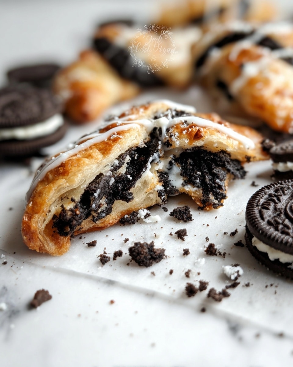 The image shows multiple twisted pastries with dark brown and cream swirls, looking crispy and flaky, arranged randomly on a white marbled surface. Some pastries are drizzled with a thin white glaze that adds a shiny texture on top. A few whole and halved dark chocolate sandwich cookies with white filling are scattered around the pastries. In the top left corner, a white bowl filled with a smooth white sauce is partially visible. A woman's hand is placing one of the twisted pastries onto the surface, creating a dynamic feel. Photo taken with an iphone --ar 4:5 --v 7
