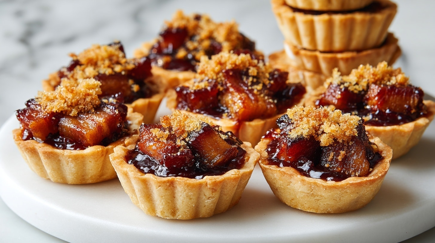 The image shows several small tartlets on a white marbled surface, each with a crisp, light golden yolk-thin filo pastry shell that has ruffled edges. Inside each shell, there is a layer of deep reddish-brown cooked bacon pieces arranged loosely in a small mound, topped with a golden-brown crumbly topping that adds texture. The tartlets are placed close to each other, some overlapping slightly, and the overall look is warm with a mix of crispy and meaty textures. photo taken with an iphone --ar 4:5 --v 7