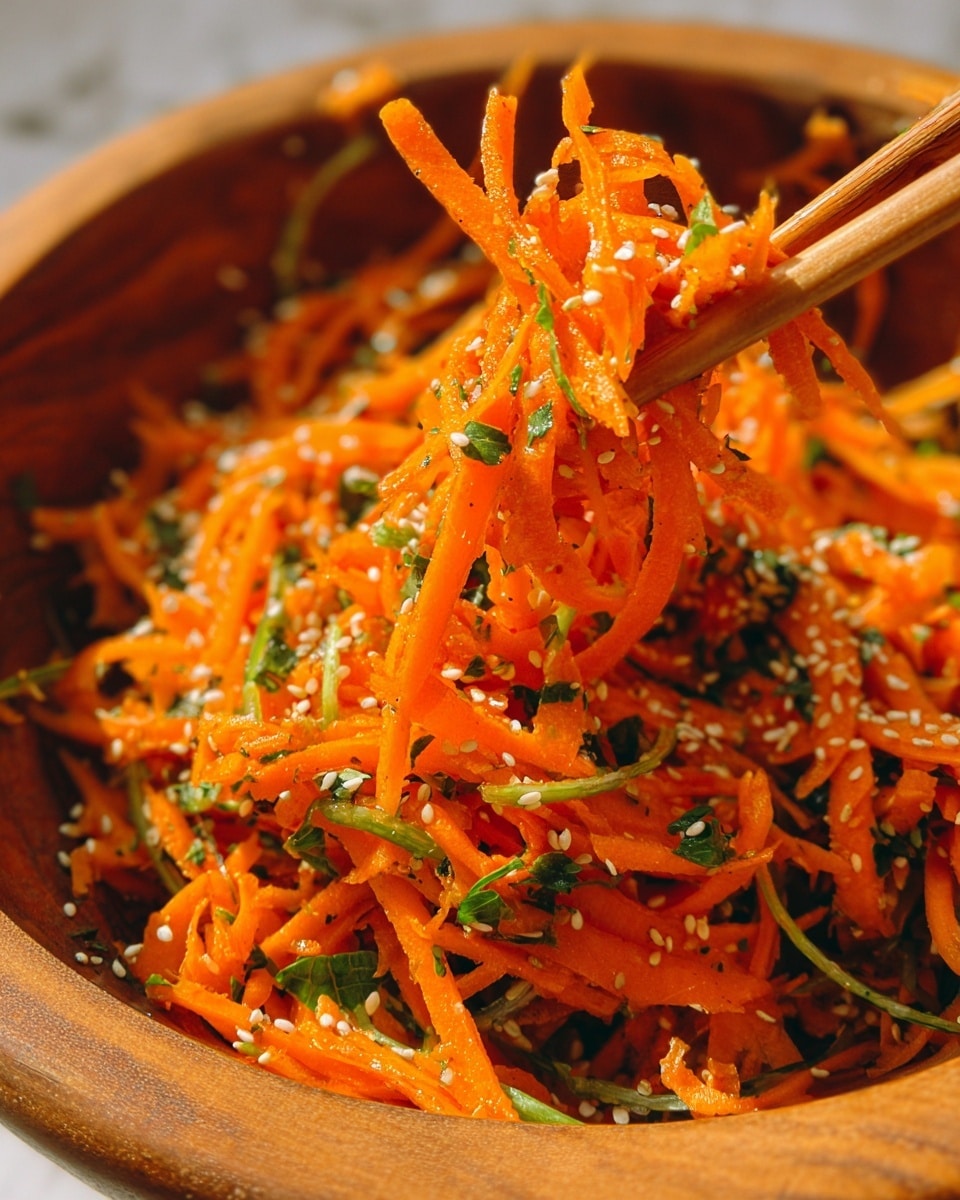 The image shows a rustic wooden bowl filled with thinly sliced carrot salad mixed with thin strips of green herbs. The carrots are bright orange and have a fresh texture, with small sesame seeds sprinkled evenly throughout. Two wooden chopsticks rest on the bowl's edge, slightly lifted as if ready to pick up some salad. The bowl sits on a wood surface with visible grain. photo taken with an iphone --ar 4:5 --v 7