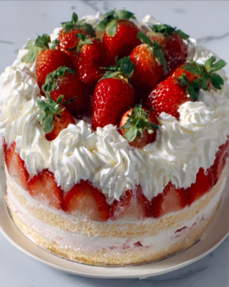 The image shows a round cake with three layers. The bottom and middle layers are light brown, and the middle layer has a thin layer of pink cream. The top layer is covered with white whipped cream, piped into round, fluffy shapes all around the edge and center. On top of the whipped cream, there are many whole and halved red strawberries with green leaves, arranged in a circular pattern. The cake is placed on a simple white plate, all set on a white marbled surface. Photo taken with an iphone --ar 4:5 --v 7