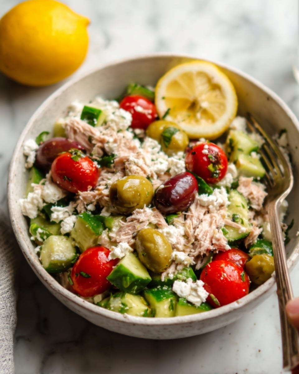 A white bowl filled with a colorful salad sits on a white marbled surface. The salad has several layers: at the bottom, crumbly white cheese; mixed throughout are chunks of light pink shredded tuna; bright red cherry tomatoes cut in halves; green chunks of avocado; small green whole olives; and some small green cucumber pieces. A woman's hand is holding a fork near the bowl, about to eat. There is a sliced lemon in the background on the surface. Photo taken with an iphone --ar 4:5 --v 7